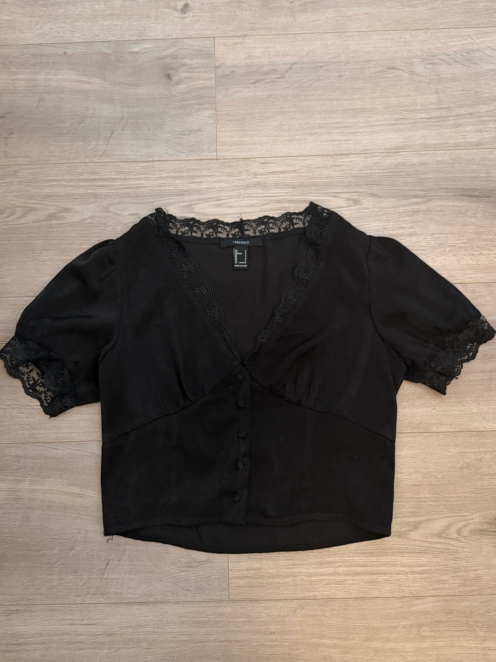Forever 21 Black Lace-Trim Button Front Blouse